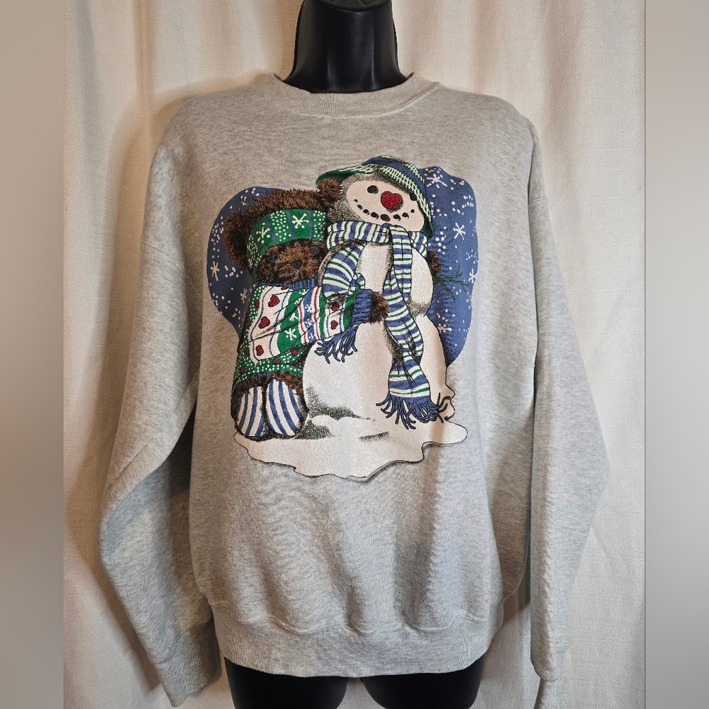 Vintage Gray Snowman and Teddybear Glitter Christmas  Sweatshirt Holiday Size L